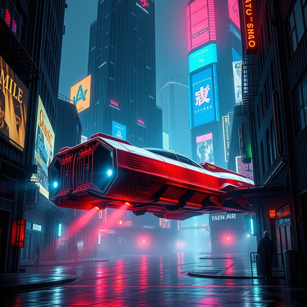 Red Hovercar Dominates Dystopian Metropolis Skies