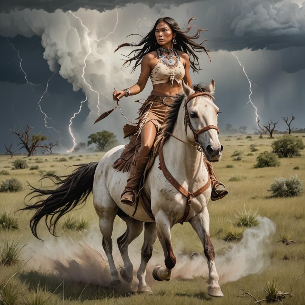 Native American Girl Rides Pony Through Plains