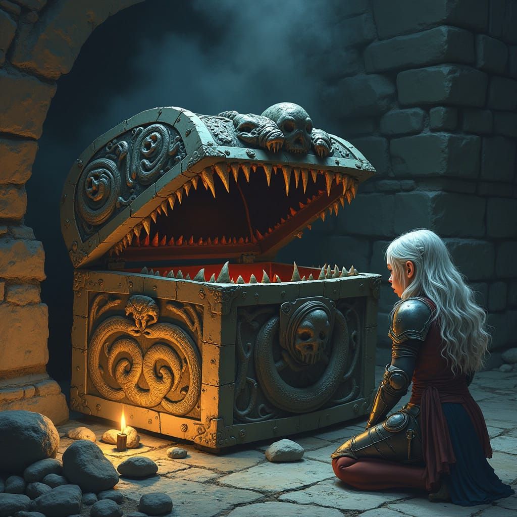 Dark Fantasy Warrior Faced with Ancient, Ominous Treasure