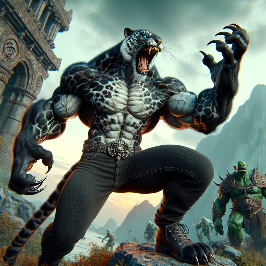 Werejaguar Slaying Orc in Fantasy Matte Painting