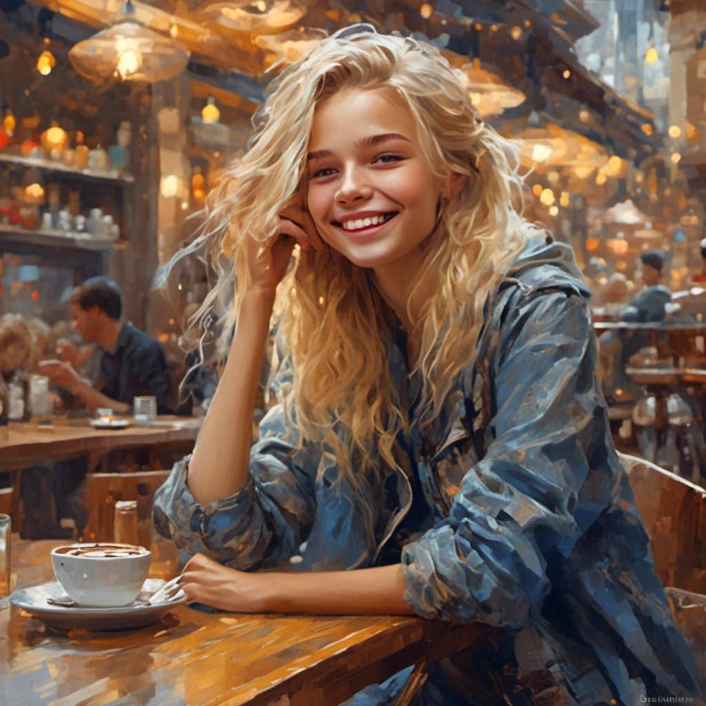 Sweet Blonde Teen Portrait in Cafe with Ink Details