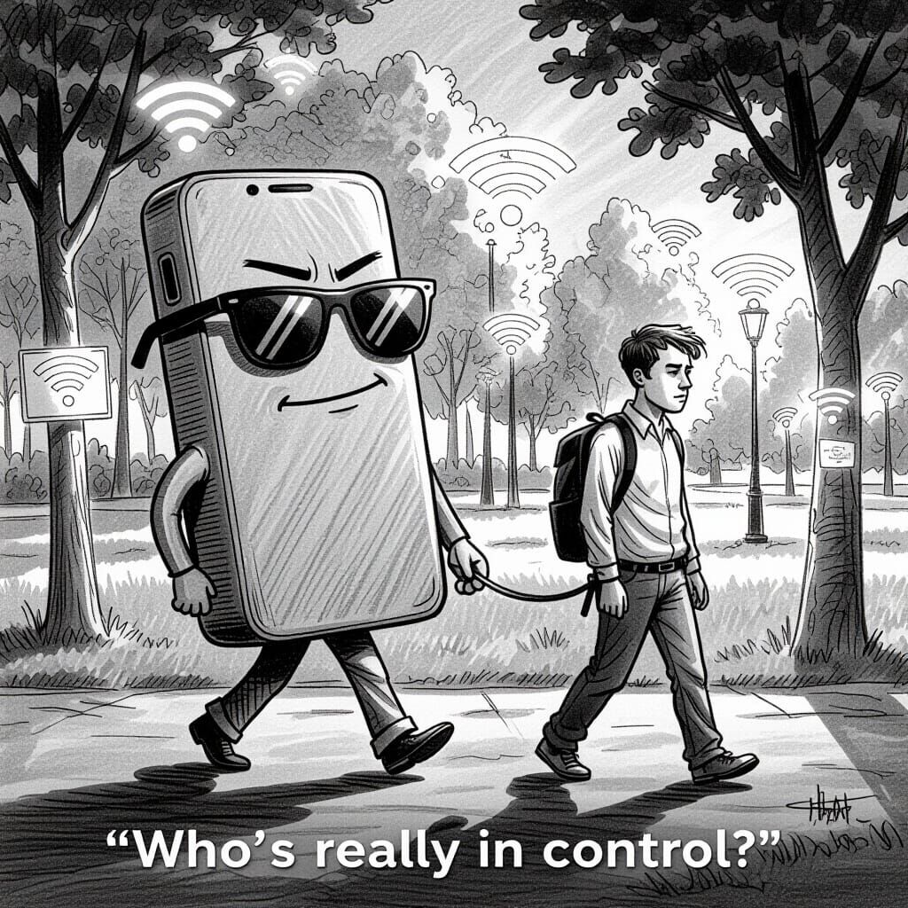 Smug Smartphone Walks Human on Leash in Wi-Fi Park