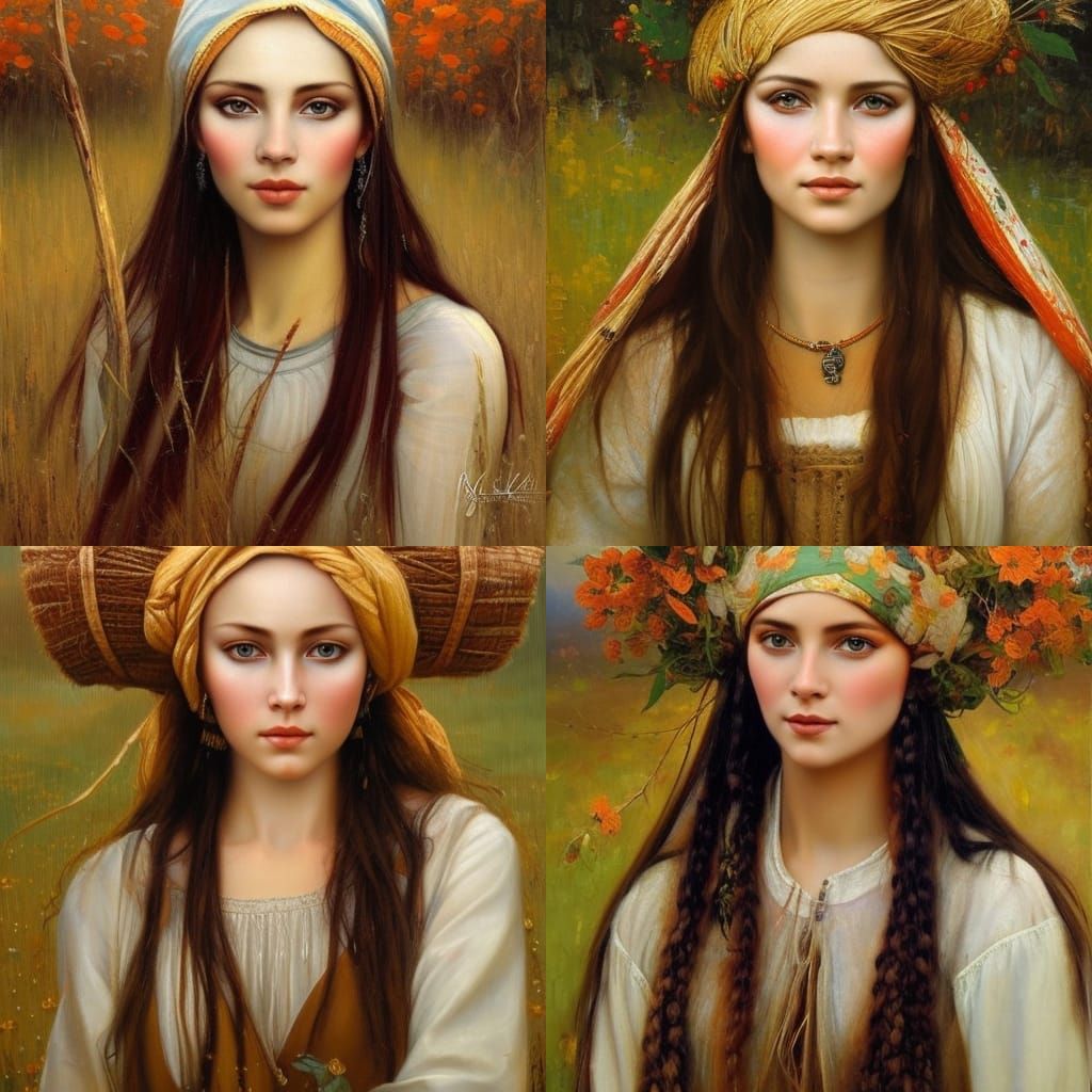 Beautiful Peasant Girl Portrait in Oil Painting Style