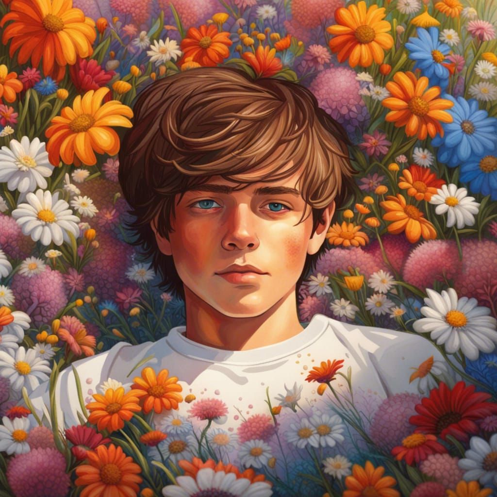 Hyperrealistic Portrait of a Teenage Boy in Flower Field