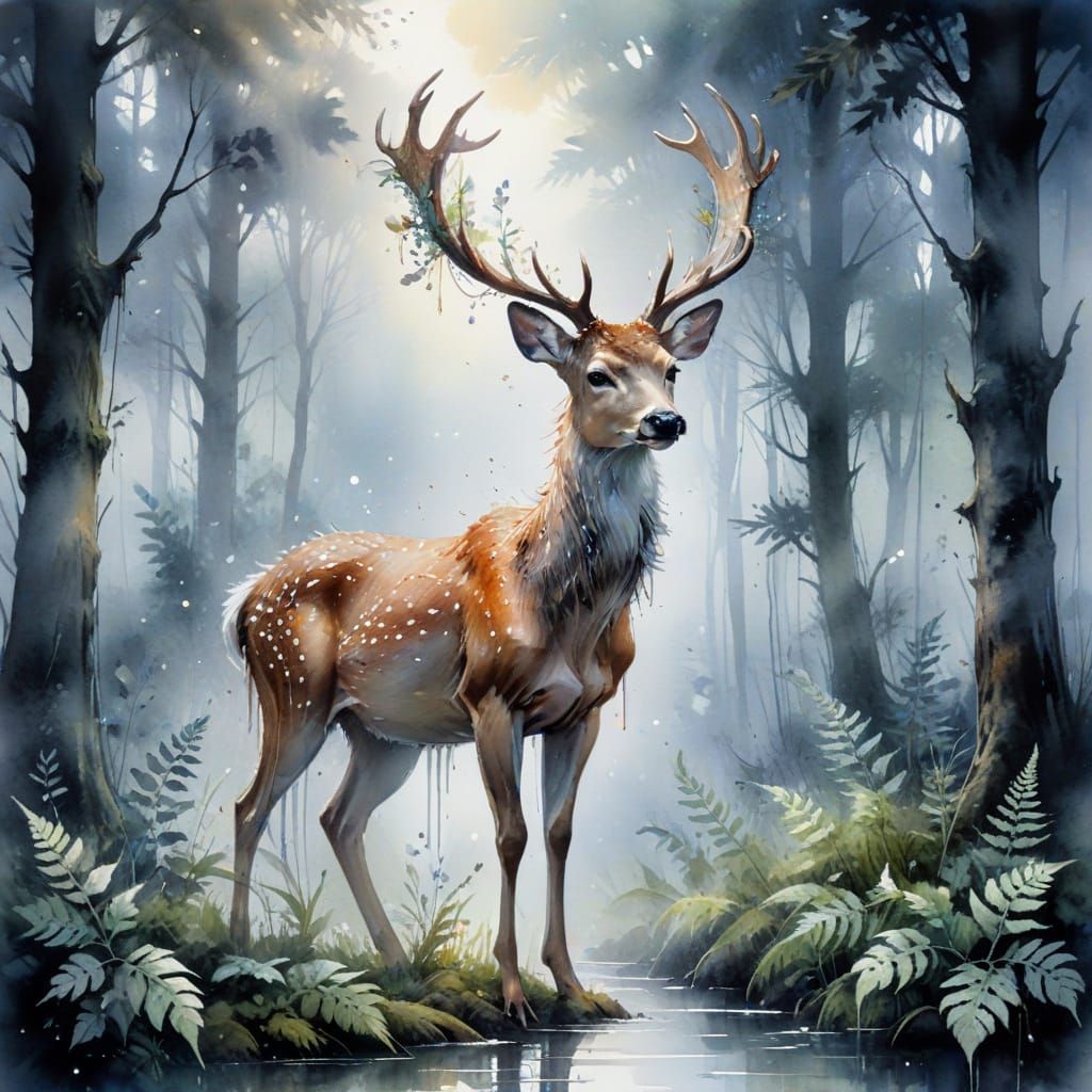 Elegant Deer in Misty Moonlit Forest: Watercolour Art