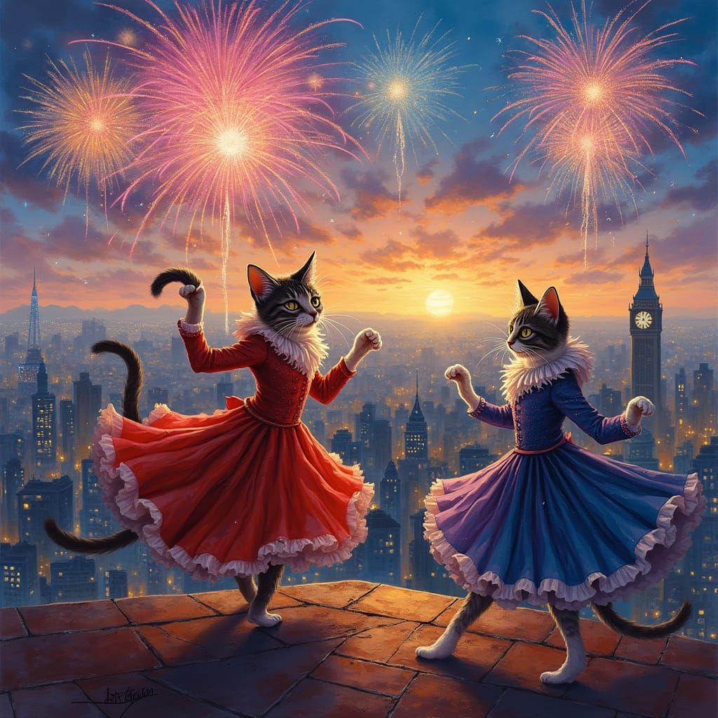 Cityscape Fireworks with Dancing Cats, Comic Book Art