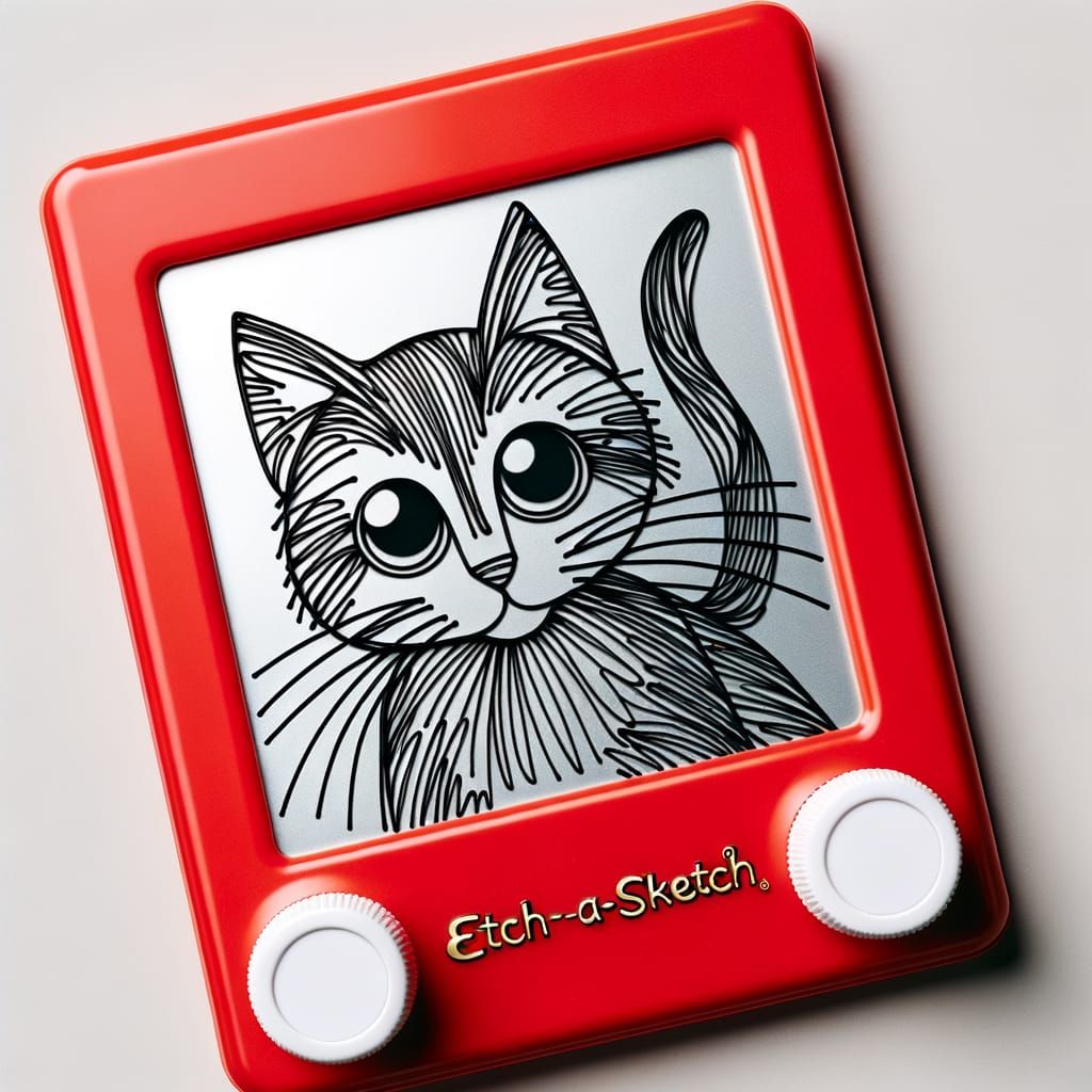 Playful Cat Line Art on Etch-A-Sketch