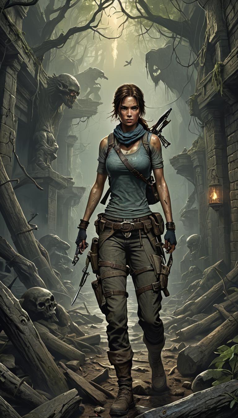 Lara Croft's Perilous Bridge Escape, Gustave Doré Style