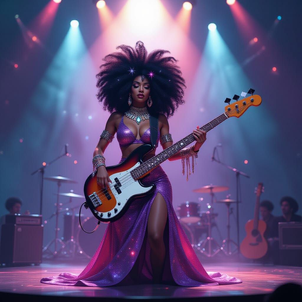 Afro-Latina Cosmic Entity Plays Bass Guitar on Stage in Void