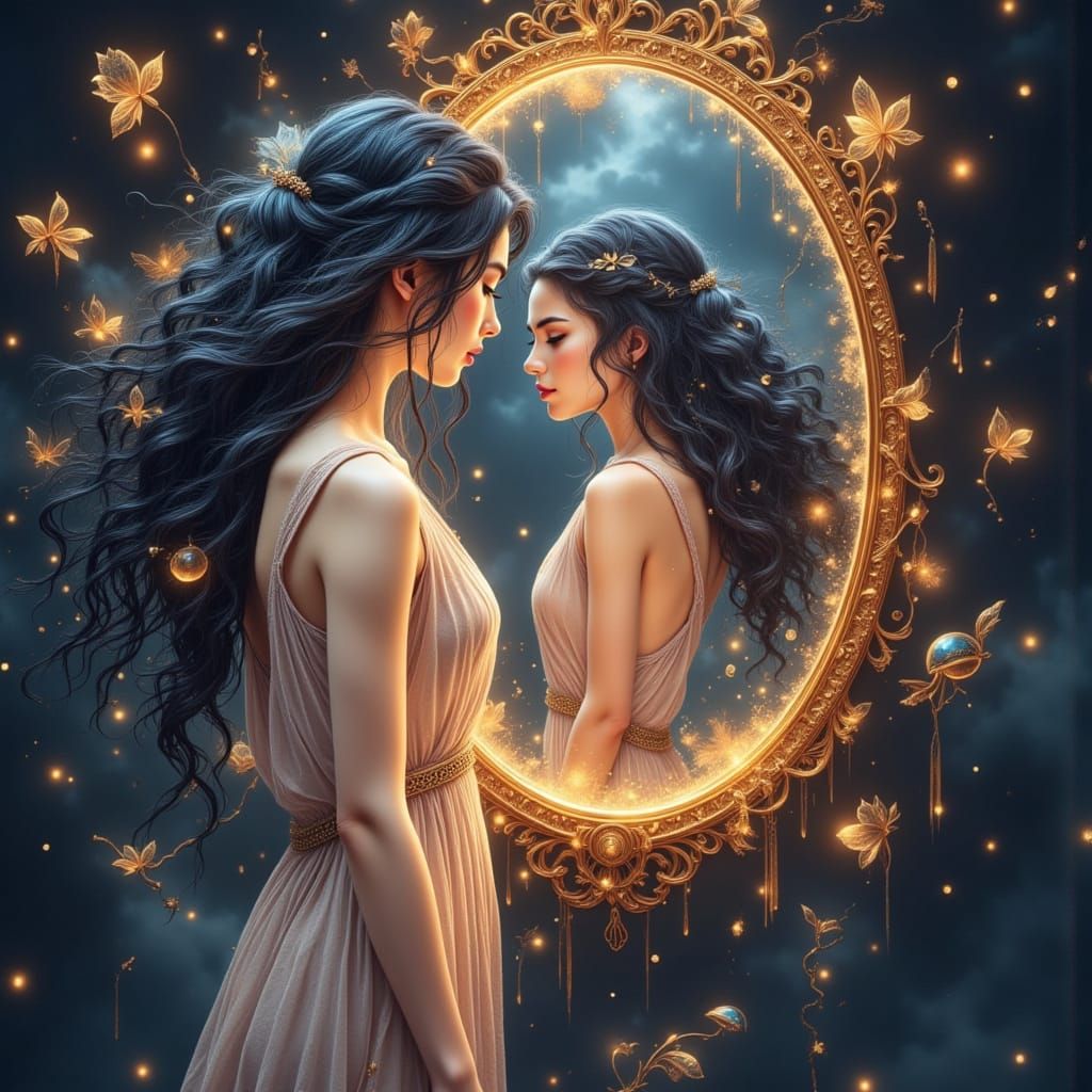Magical Mirror Reflecting Another World in Anime Style