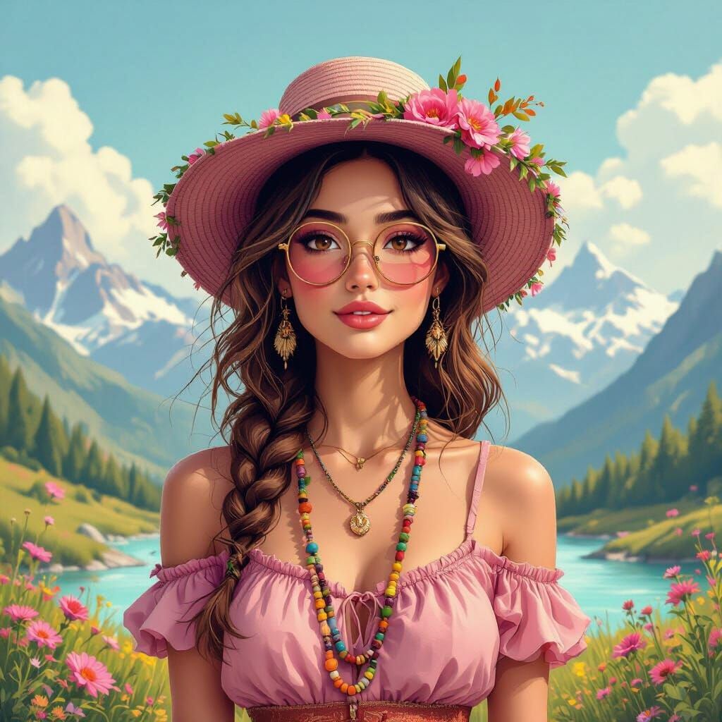Fantasy Woman with Beard in Vibrant Landscape