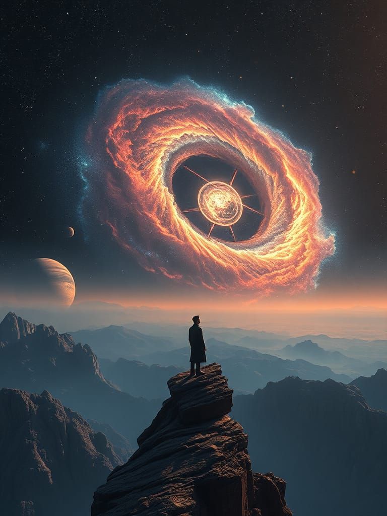 Sci-Fi Character Contemplates Nebula on Cliff Edge