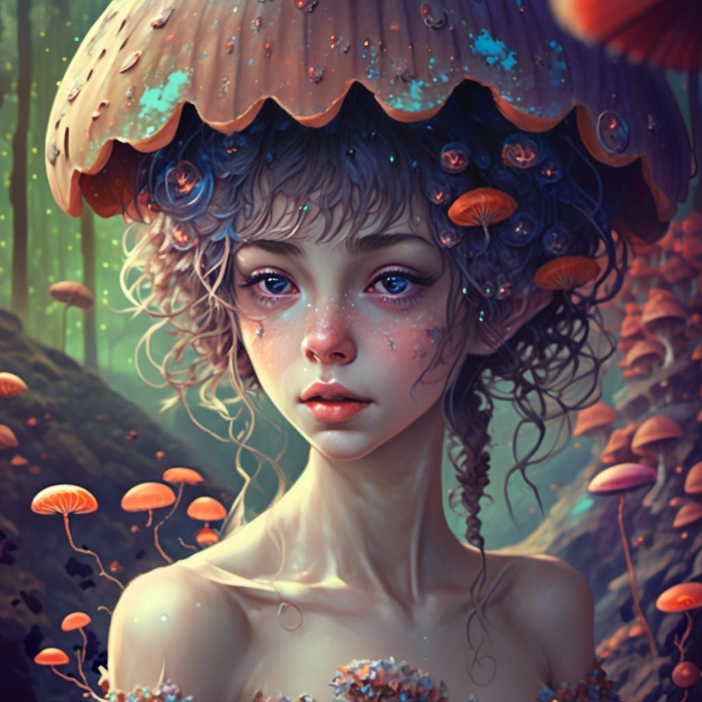 Mushroom Fairy Portrait in Psychedelic Style