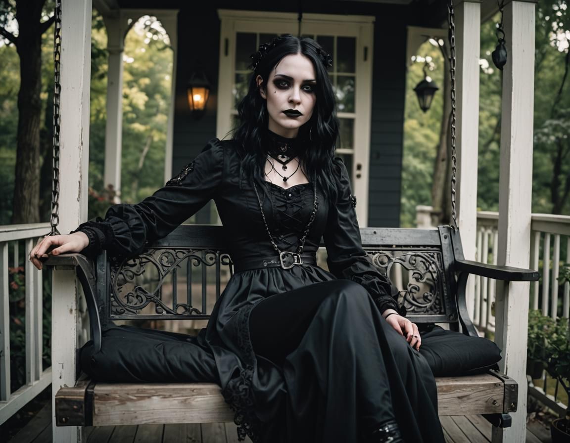 Ethereal Goth Beauty on a Porch Swing, Shot in Cinematic 35m...