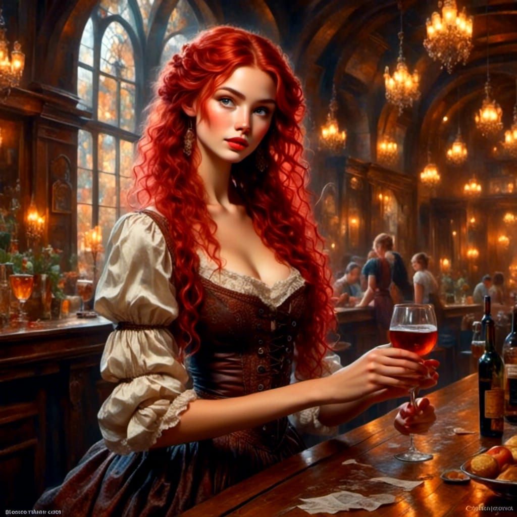 Whimsical Barmaid Portrait in Cottagecore Style
