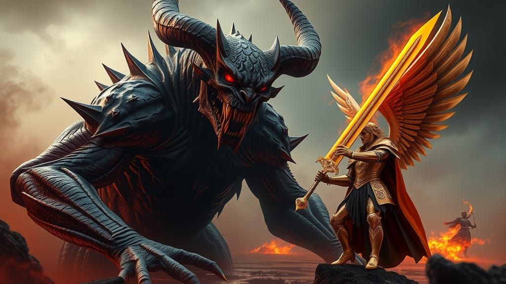 Malevolent Demon Confronts Golden Armored Archangel in Fiery...
