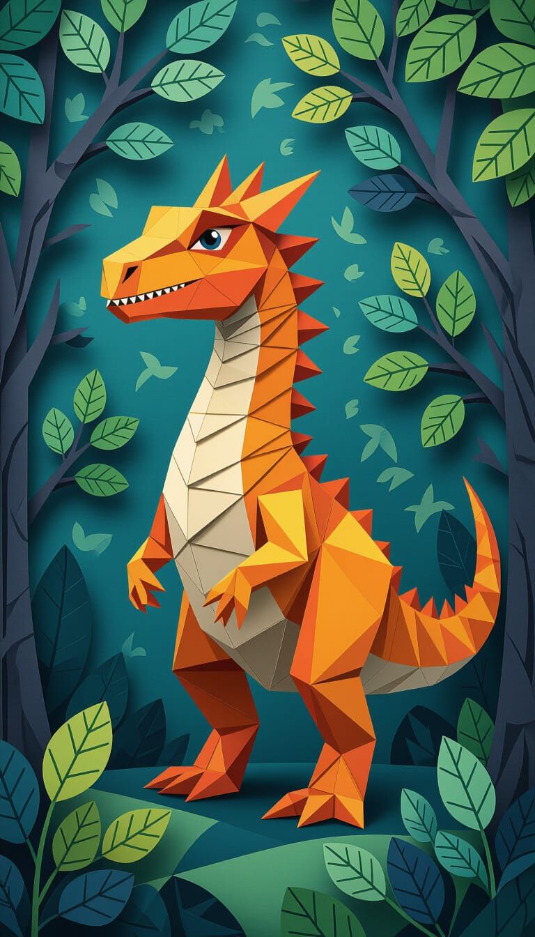 Paperclip Origami Dinosaur with Paper Tree Background