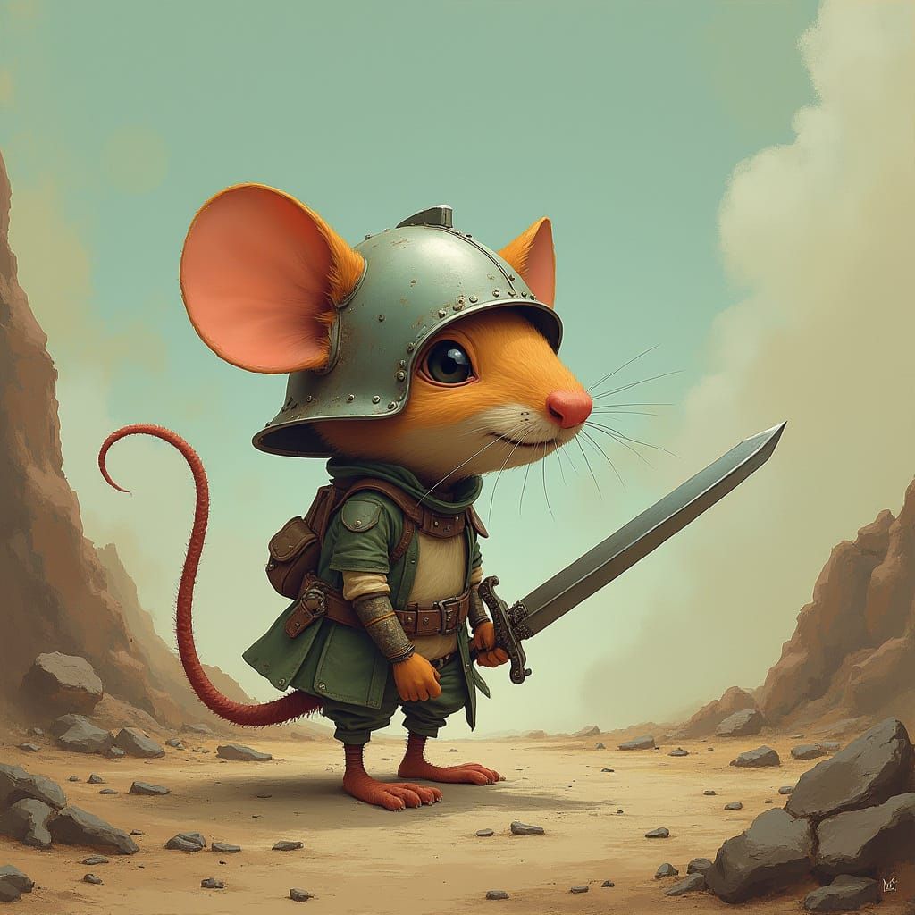 Tiny Warrior Mouse in Post-Apocalyptic Ruins