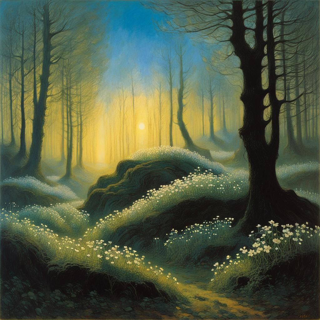 Anemones Bloom Under Ancient Tree: Pointillist Surrealism