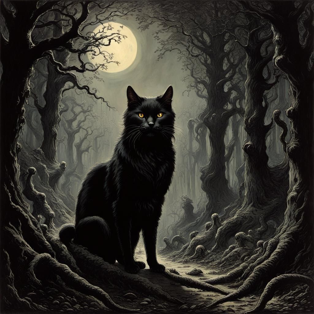 Giant Black Cat in Forest Temple Horror