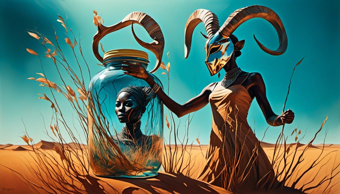 Surreal African Woman with Ibex Mask