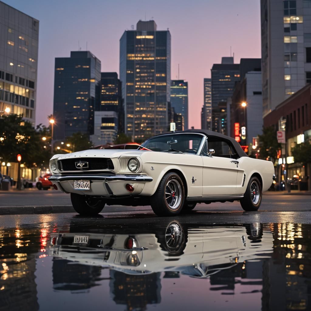 White 1965 Mustang at Twilight in Cityscape
