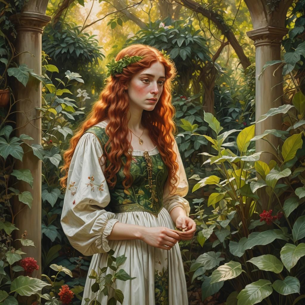 Alchemist in Lush Garden, Pre-Raphaelite Painting