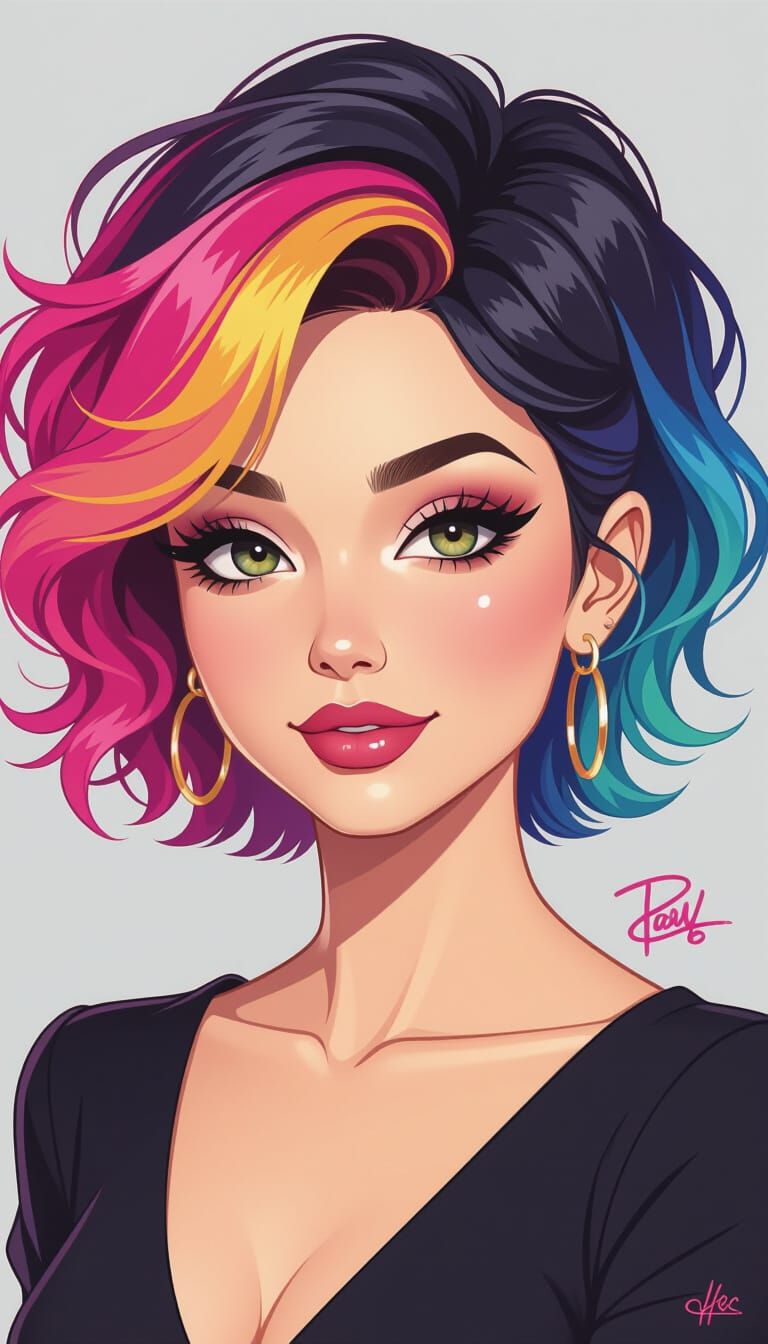 Elegant Woman in Chibi Style with Rainbow Hair