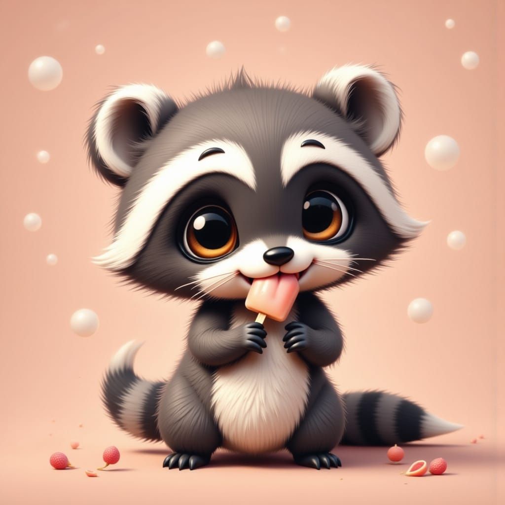 Adorable Chibi Raccoon Enjoying a Sweet Treat