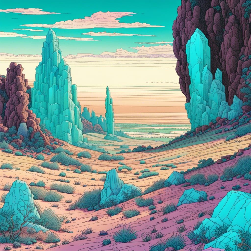 Teal Crystals in Desert Landscape, Moebius Style