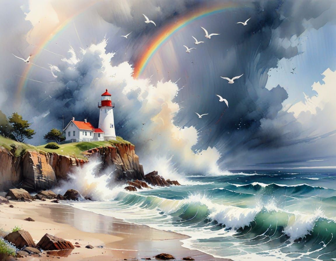 Coastal Lighthouse in Summer Squall: Watercolor Painting