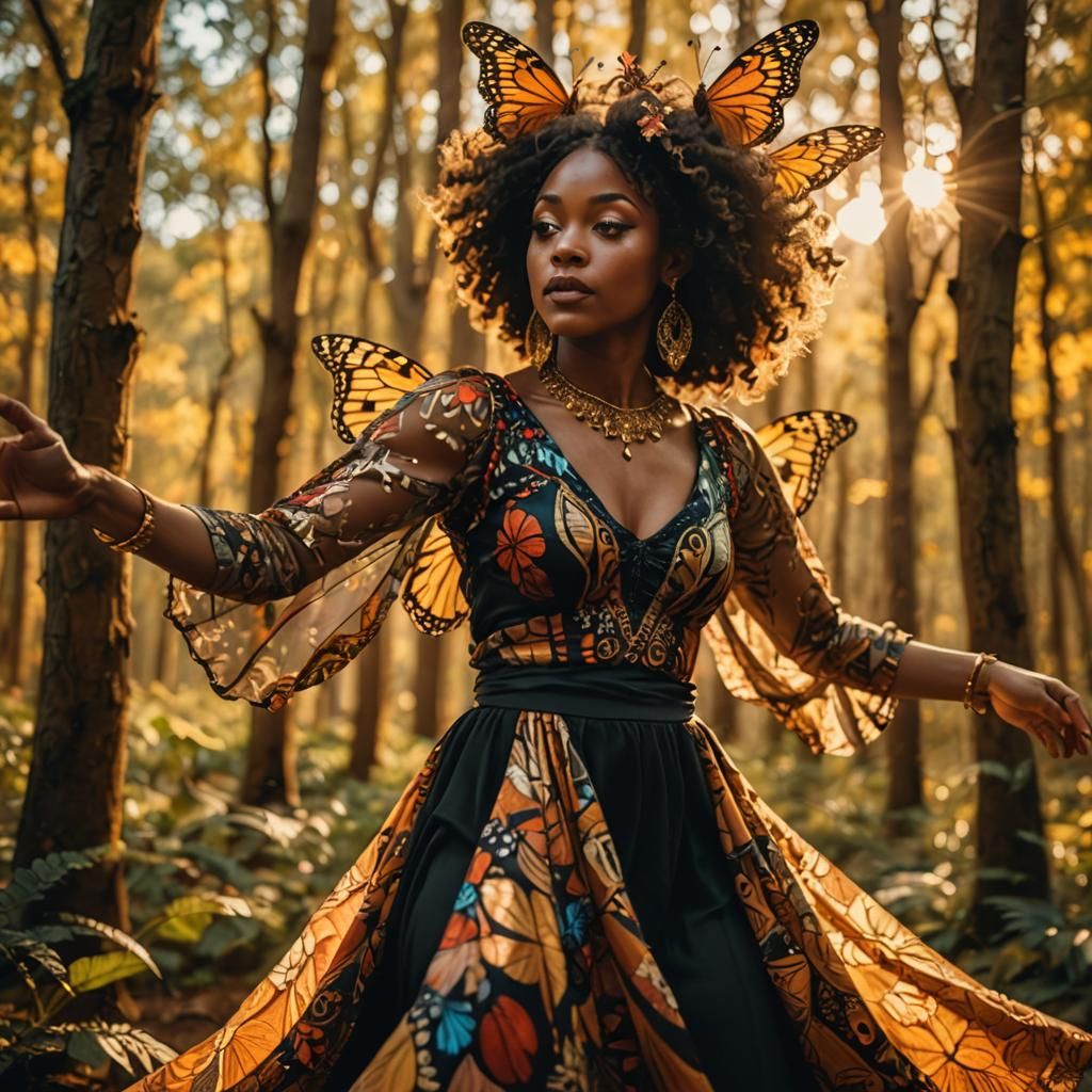Enchanting Woman Dancing in Forest, Inspired by Klimt