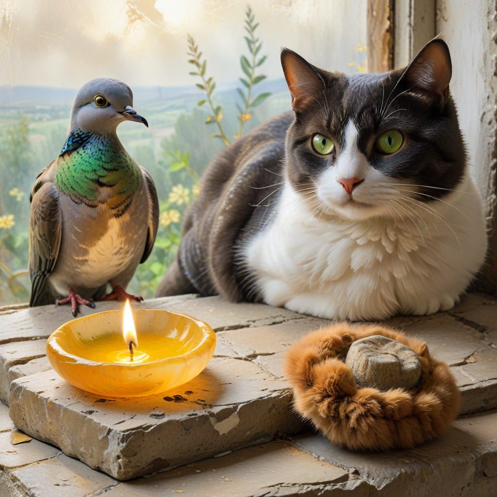 Majestic Dove Surrounded by Whimsical Cat in Cozy Impression...
