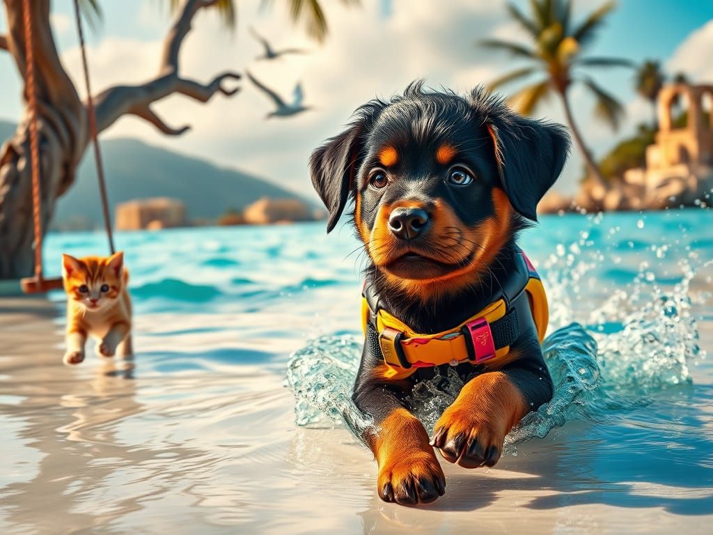 Joyful Rottweiler Puppy Plays with Ginger Kitty on Mediterra...