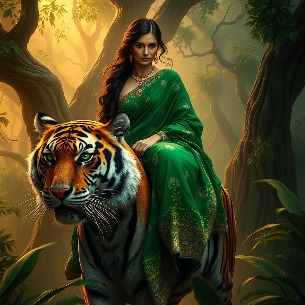 Emerald Goddess Rides Bengal Tiger into Exotic Indian Jungle