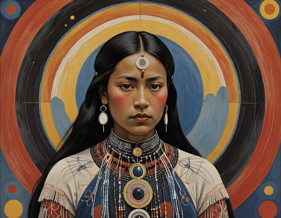 Native American Woman in Dreamlike Landscape with Whimsical ...