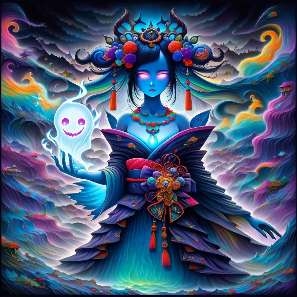 Geisha with Ghostly Spirit in Dark Fantasy Dreamscape
