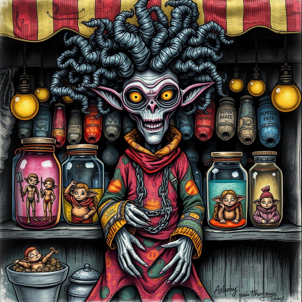 Alien Vendor's Market Stall: Charcoal Drawing