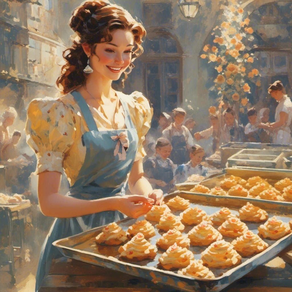 Cheerful Baker in Cozy Bakery, Watercolor Art