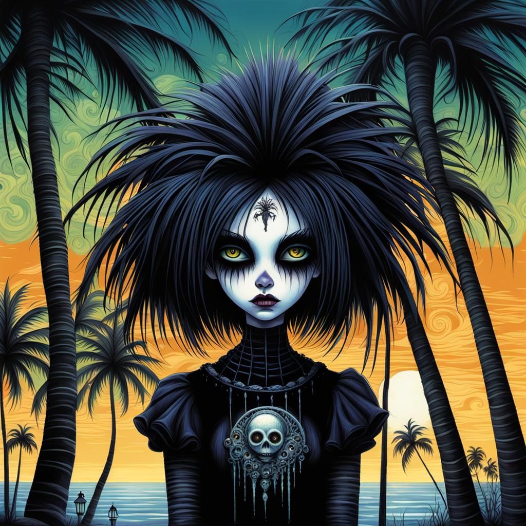 Creepy Goth Girl Inside a Palm Tree, Anime Style