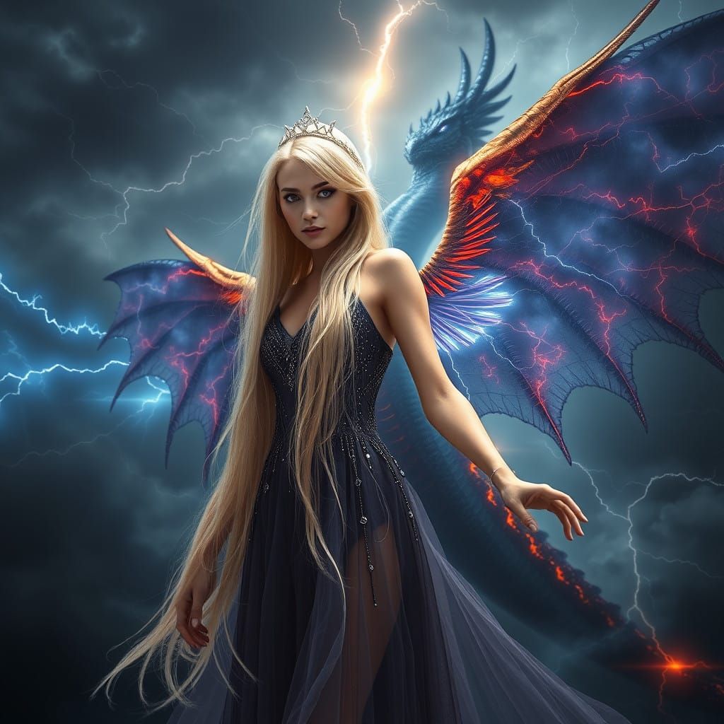 Ethereal Angel with Nanotech Dress and Dragon in Dark, Storm...