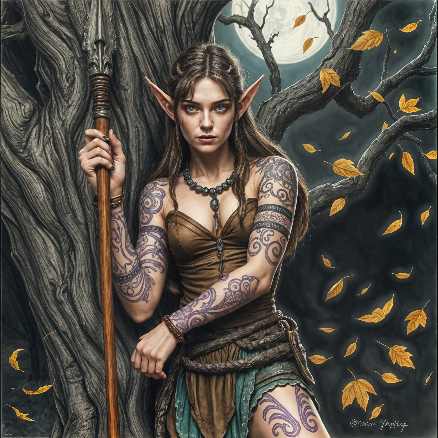 Woodland Warrior in Dark Forest, Coloured Pencil Drawing