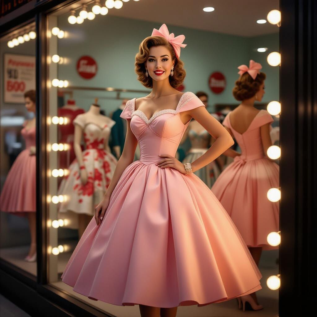 1950s Fashion Storefront with Pink Dress, Photorealistic Sty...