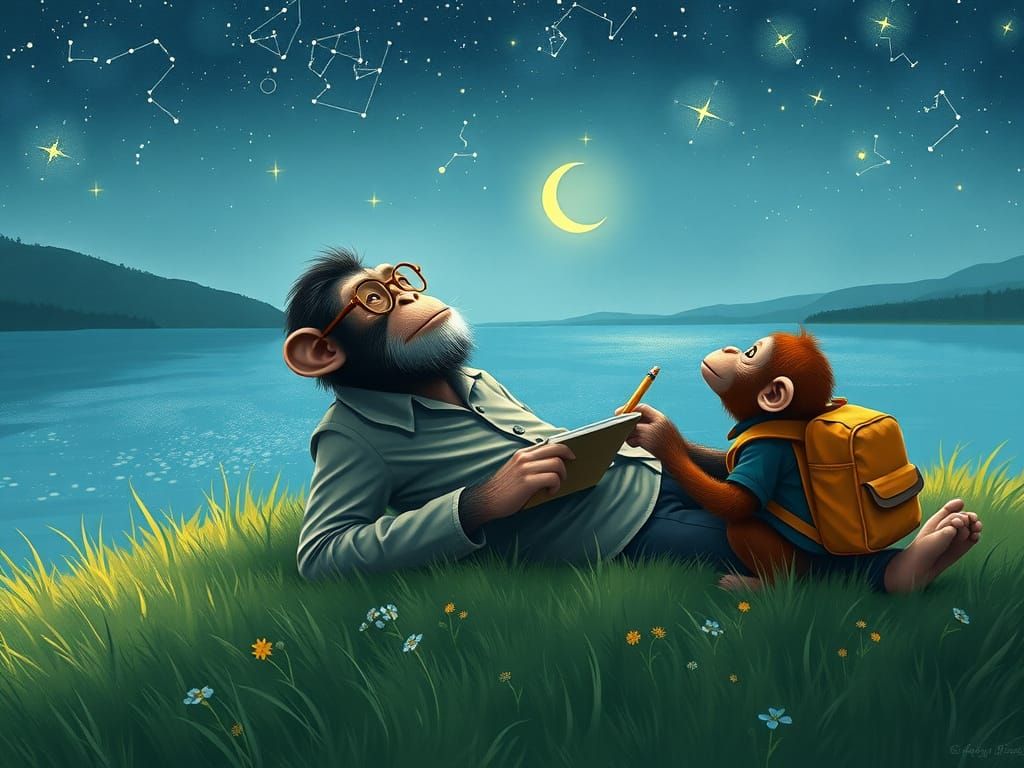 A Gentle Ape and His Son Gaze at the Starry Night Sky