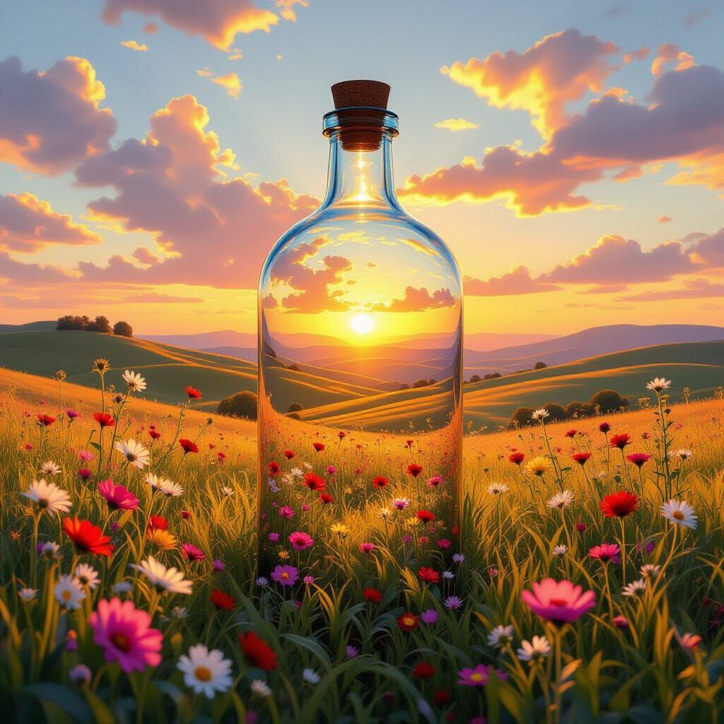 Fantasy Bottle Encasing a Serene Meadow as Art Nouveau