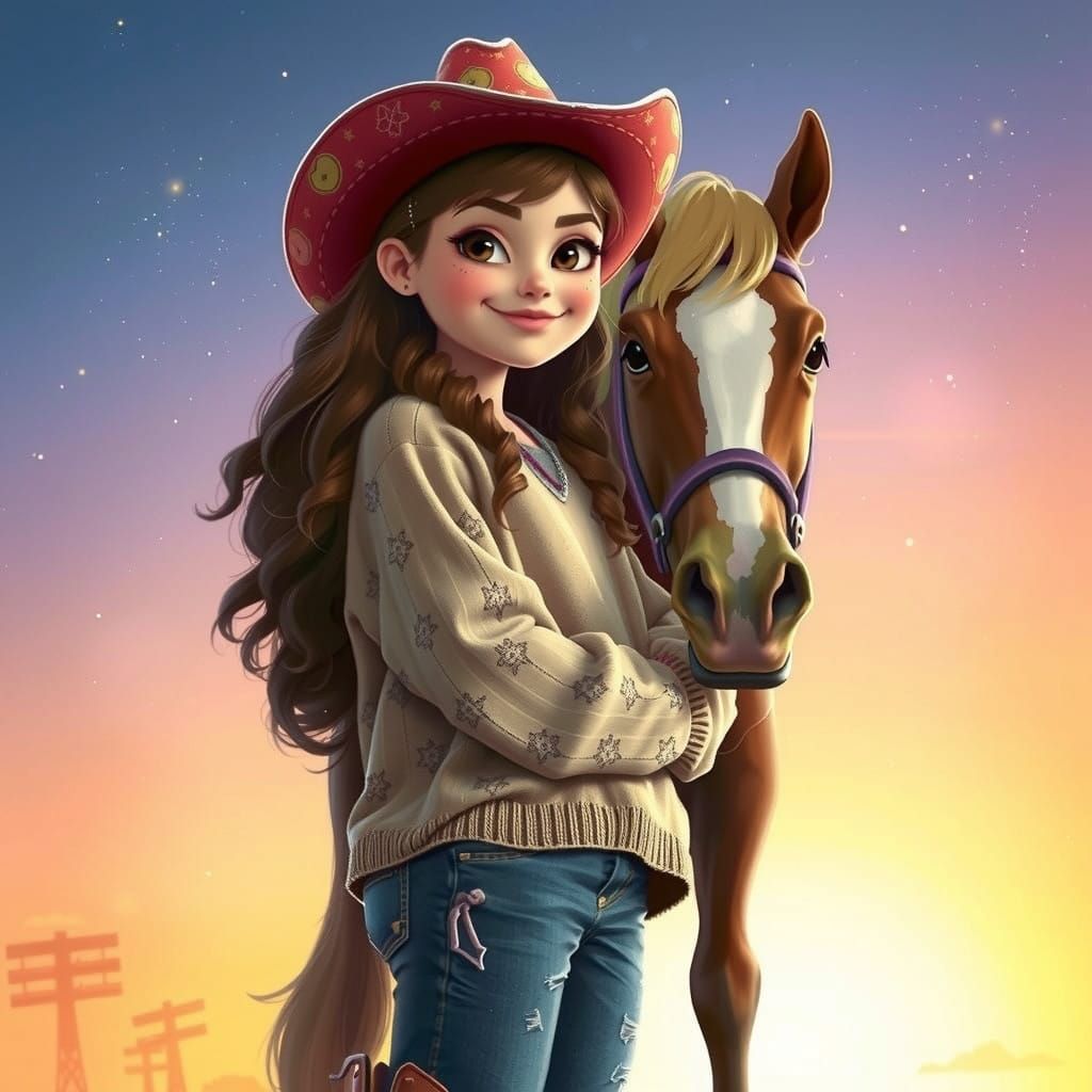 Whimsical Cowgirl Surrounded by Majesty