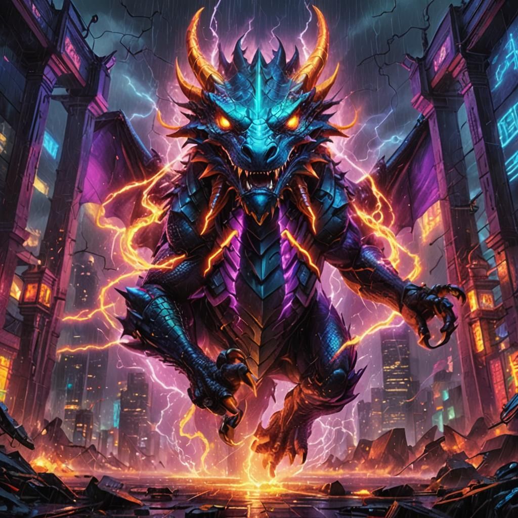 Electric Dragon in Stormy Cityscape: Neon Anime Art