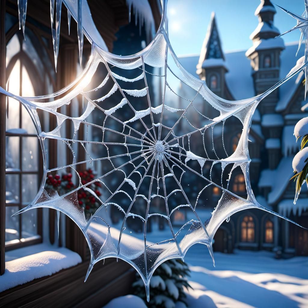 Icy Spiderweb on Frozen Window, Hyperdetailed Art