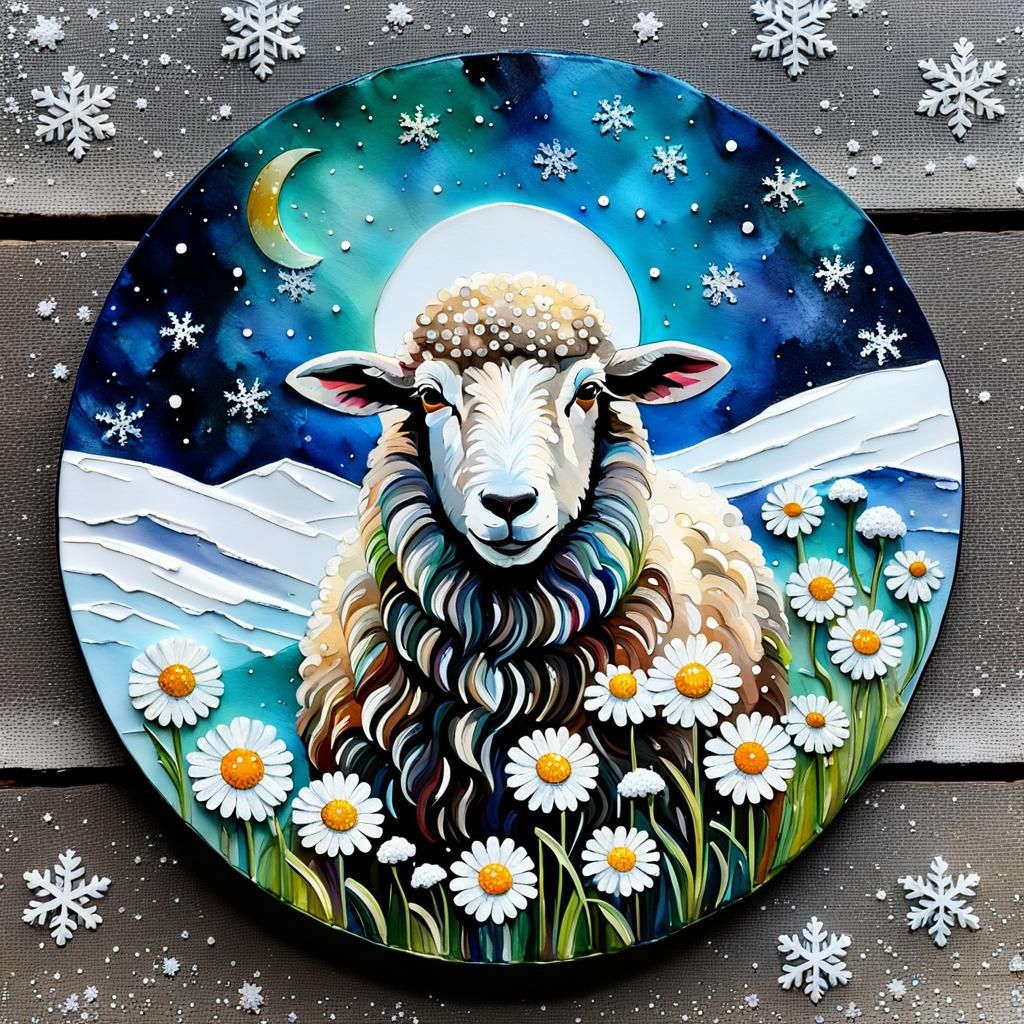 Winter Sheep and Daisy in Impasto Alcohol Ink