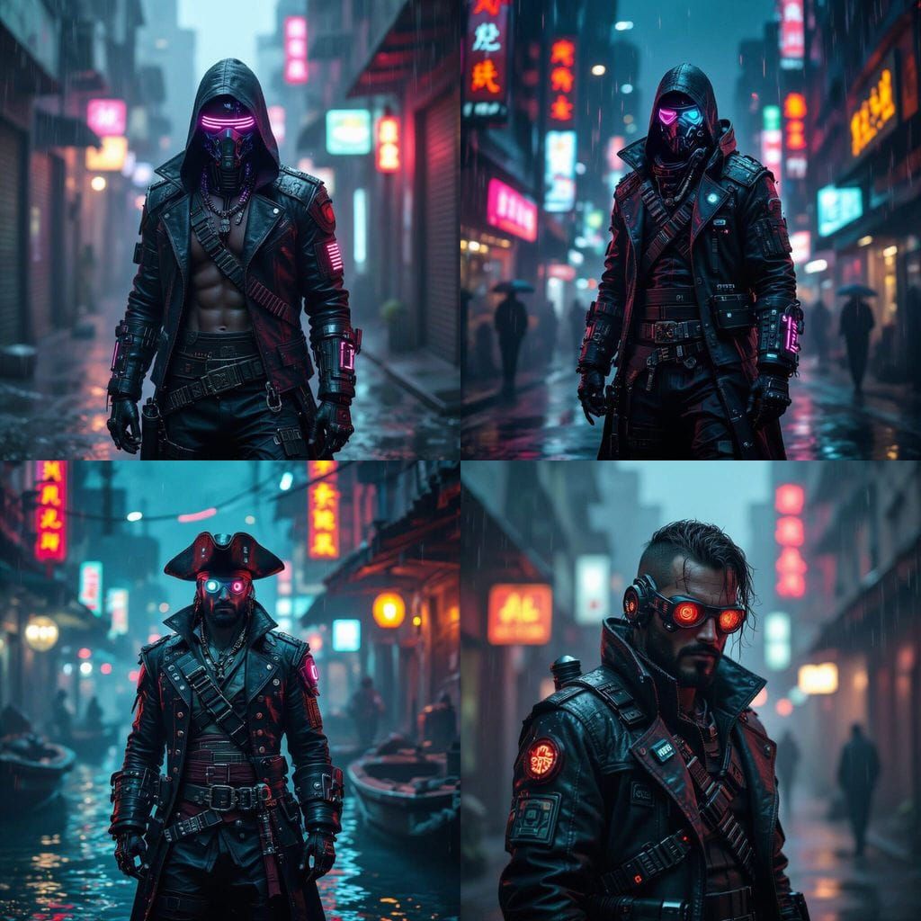 Cyberpunk Pirate in Neon Future: Cinematic Film Still